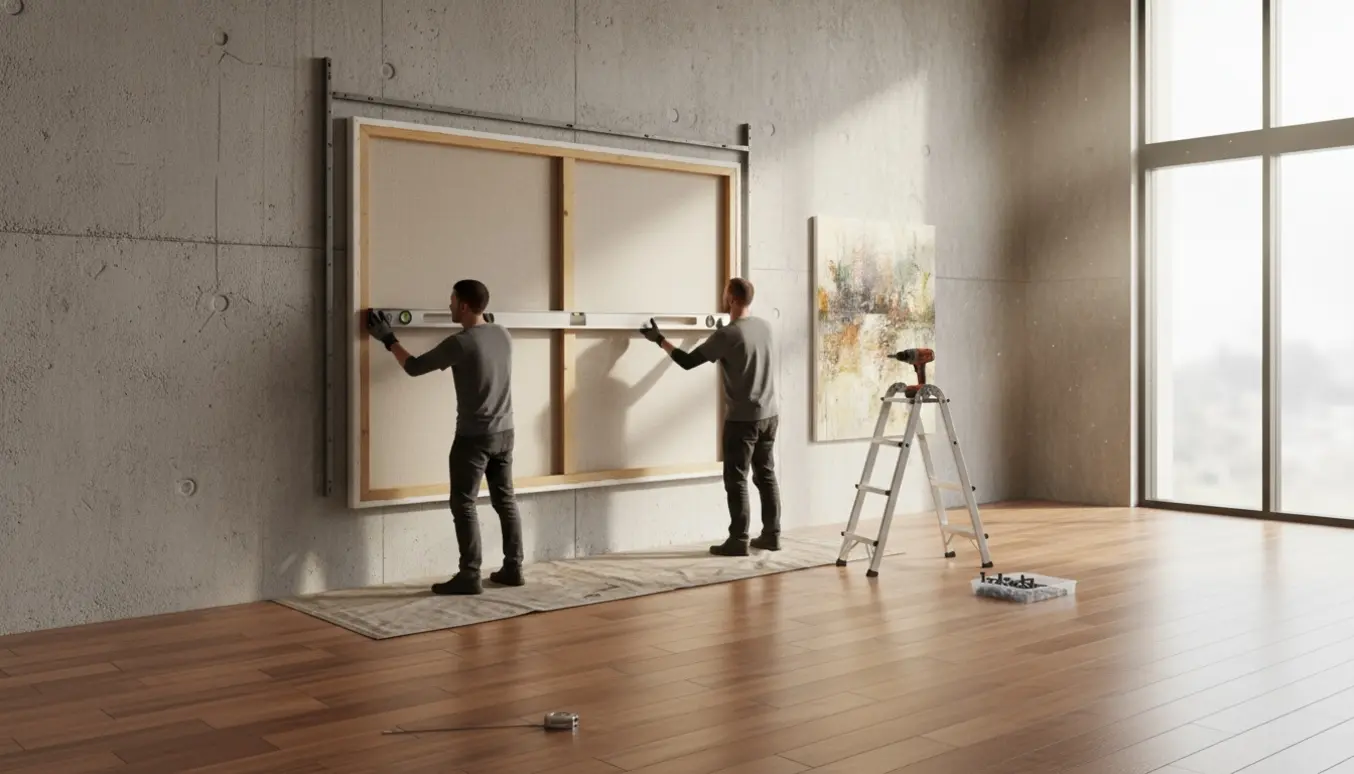 To personer monterer to malerier på en rå betonvæg; det ene lærred er cirka 2,5 meter bredt.