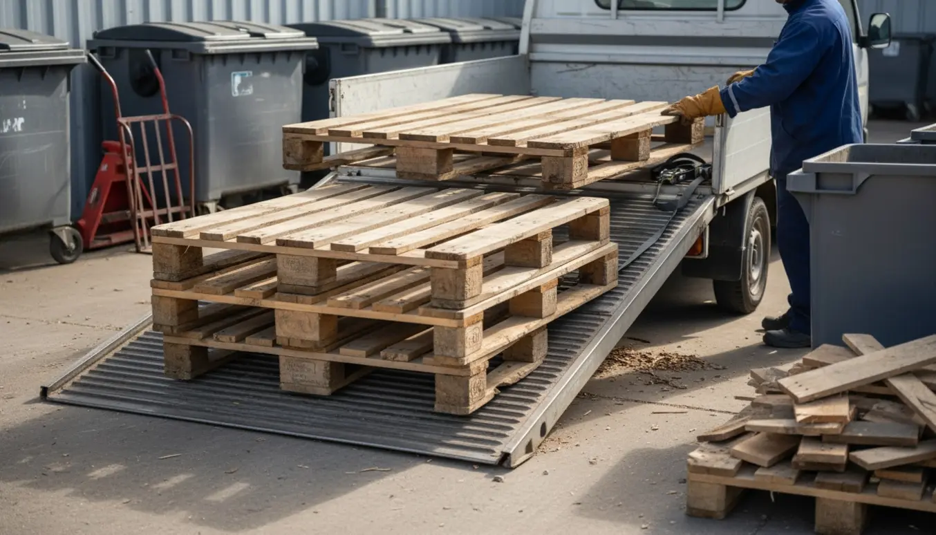 Tre træpaller læsses i en varebil ved en genbrugsplads, to almindelige og én dobbeltstørrelse.