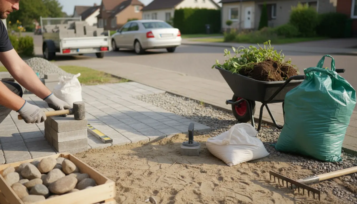 Delvist lagt 5 m² flise- og chaussestensbelægning ved fortovet med værktøj, trillebør og haveaffald.