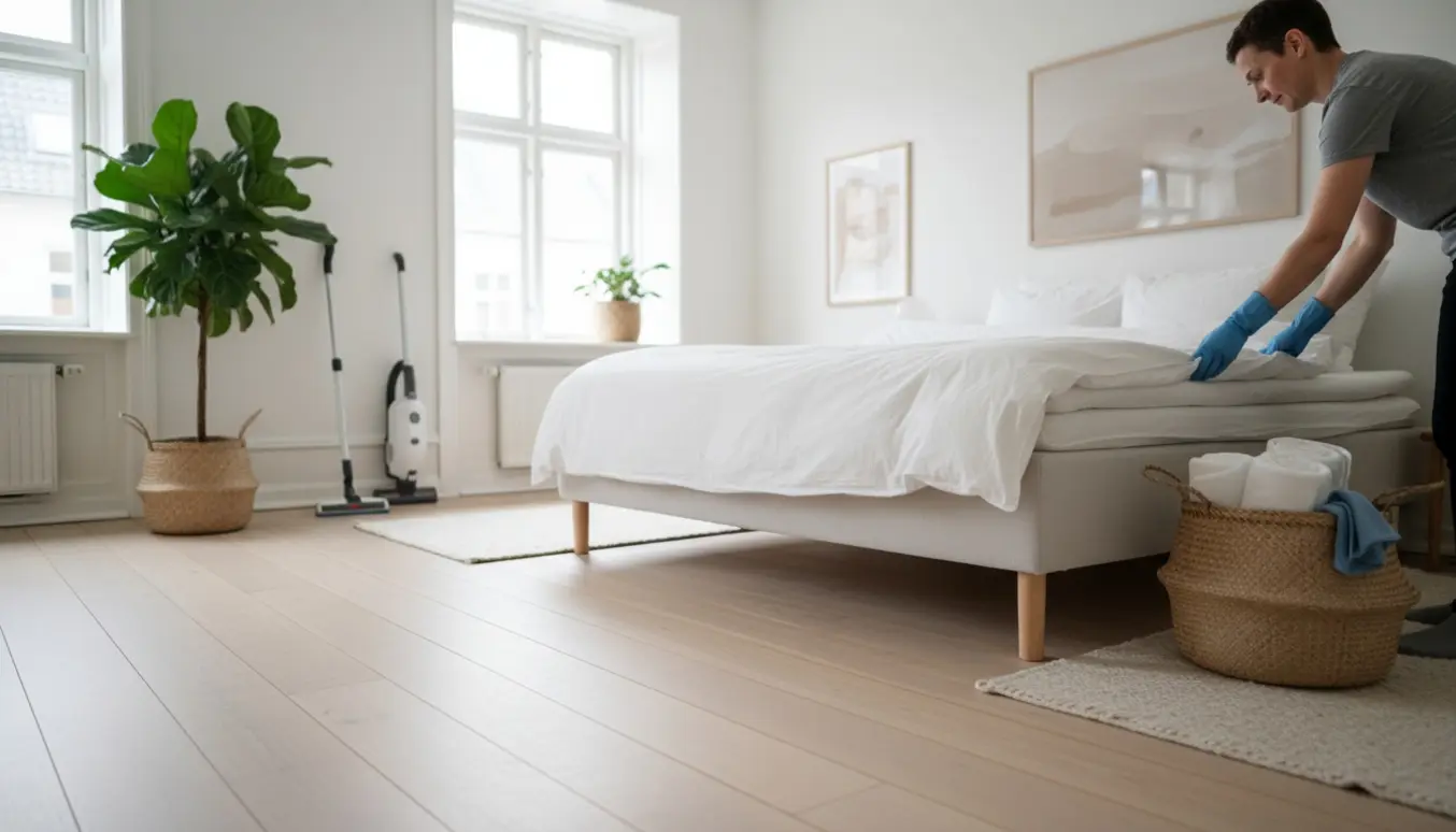 Hænder redder en seng med friske hvide lagner i en lys, skandinavisk Airbnb-lejlighed med kurv med nyvasket vasketøj.