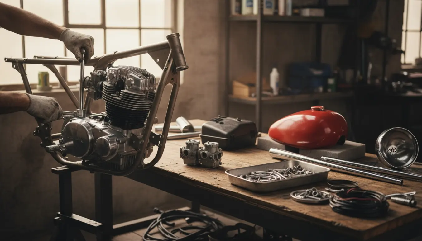 Handskerede hænder bruger en momentnøgle til at montere en parallel-twin-motor i en motorcykelramme i et lyst værksted.