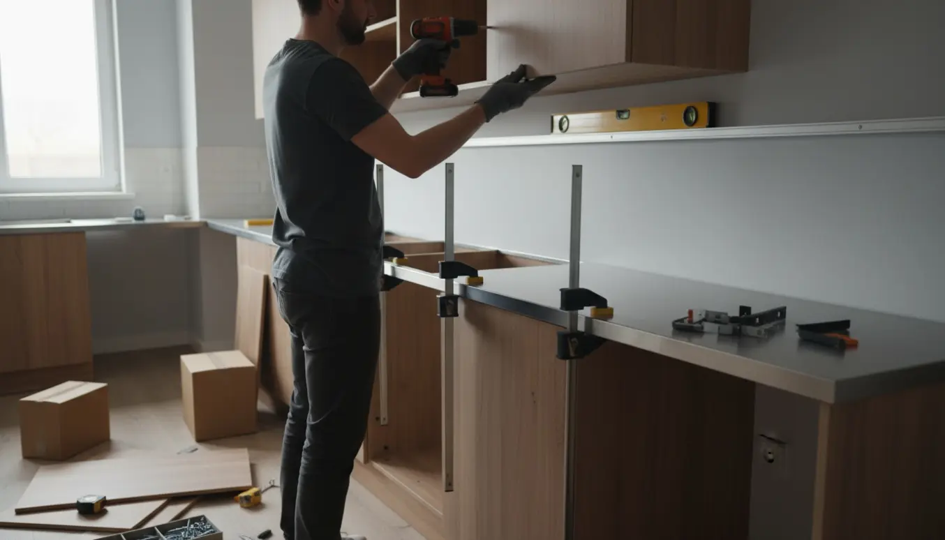 Hænder monterer overskabe og tilpasser en stålbordplade i et lyst, moderne køkken.