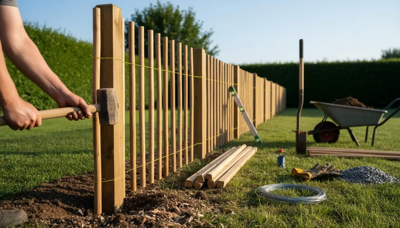 Hænder monterer kastanjehegn i en have med værktøj og en lang, delvist færdig sektion.