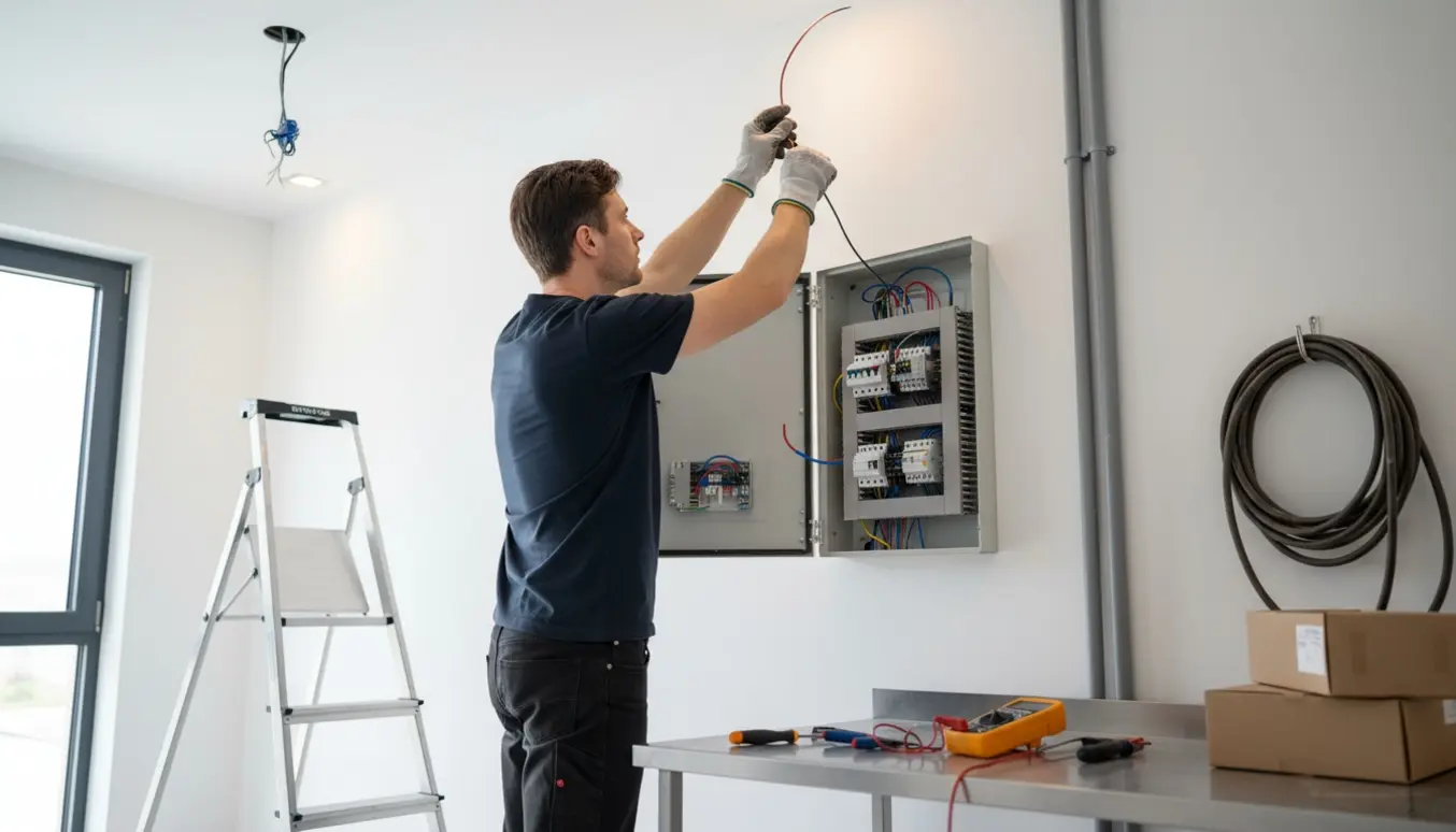 Hænder fra en elektriker tilslutter ledninger i en åben el-tavle, mens indbygningsspots monteres i loftet.