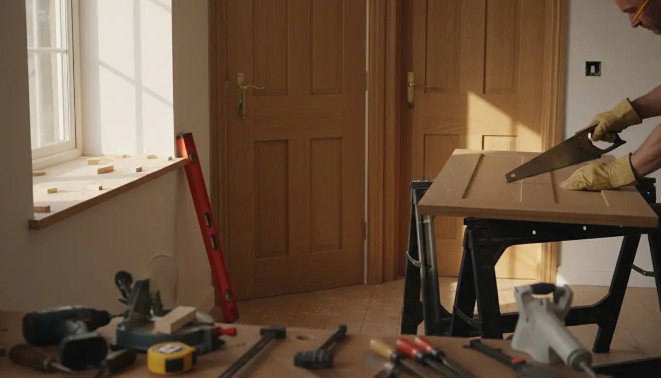 Håndværker tilpasser og monterer to indvendige døre og en vindueskarm med værktøj og træstøv i et lyst rum.