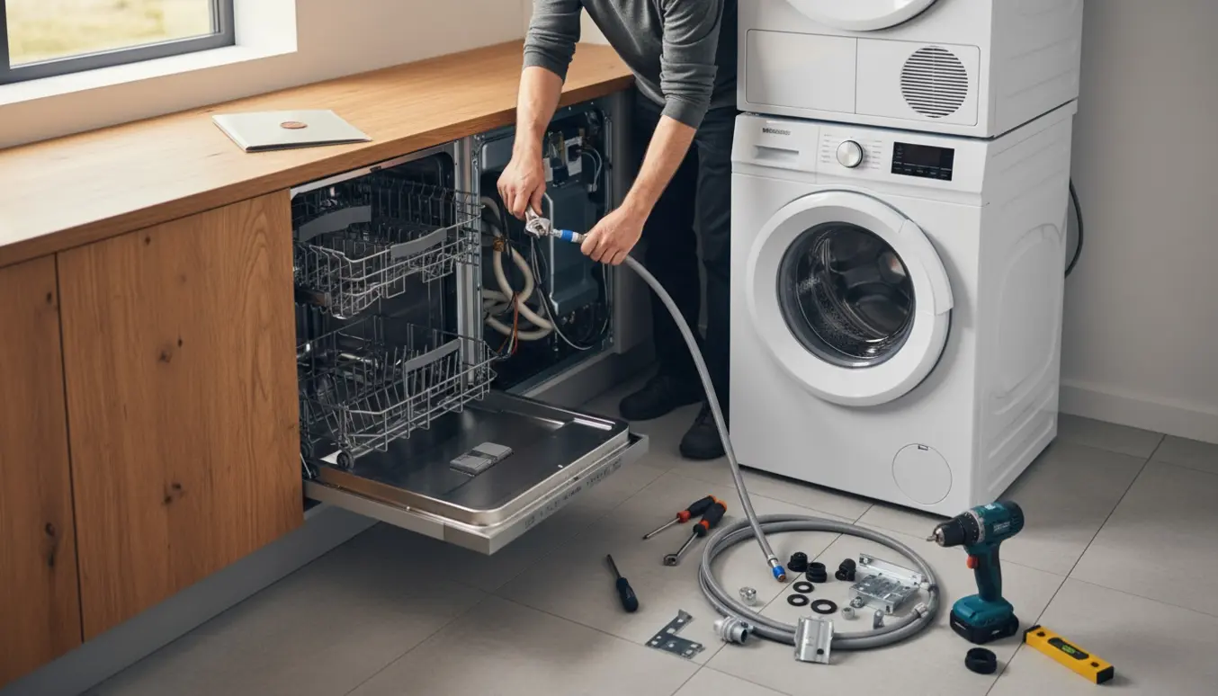Tekniker monterer opvaskemaskine og stacket vaskesøjle i et lyst bryggers med værktøj og autorisationsmappe.