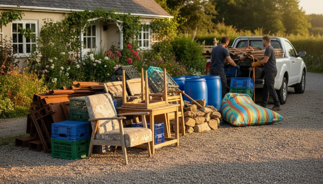 Sorteret affald ved et sommerhus med åben ladbil og arbejdshandsker, klar til afhentning.