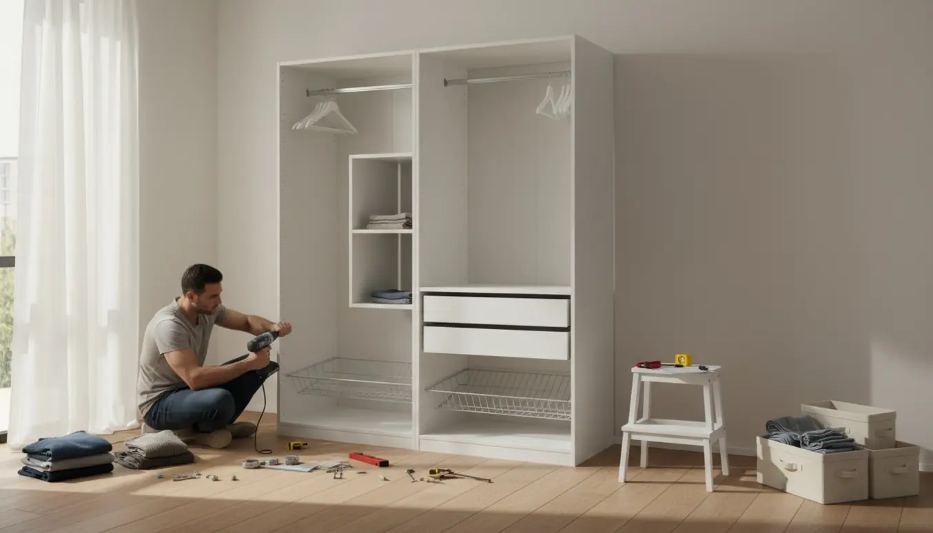 Delvist samlet, dørfri PAX-garderobe med hænder og værktøj i et lyst soveværelse.