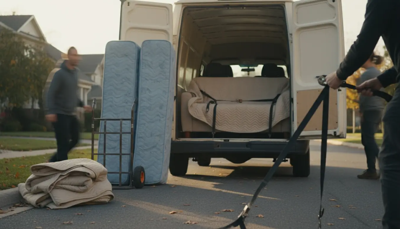 Varevogn læsses med en trepersoners sofa og to indpakkede enkelmadrasser, omgivet af flyttetæpper og stropper.