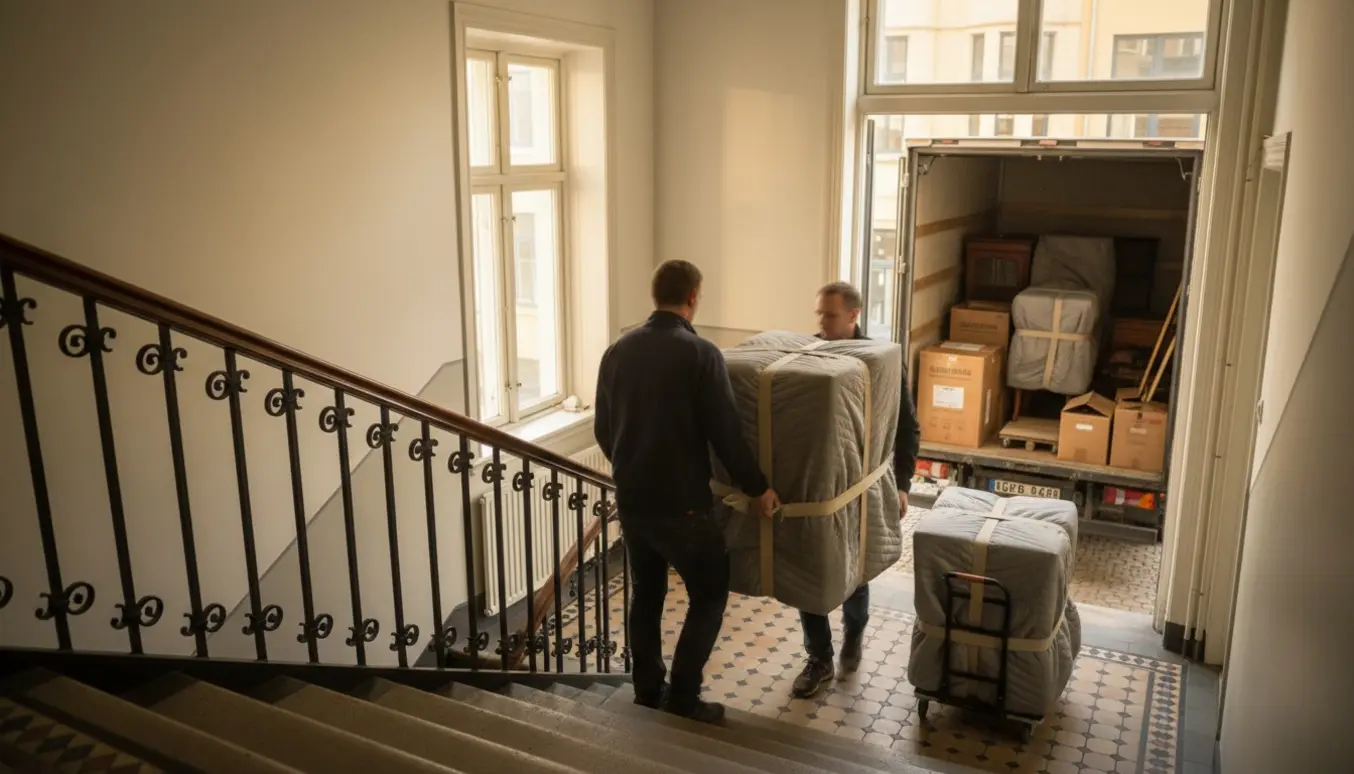 Flyttefolk bærer en firkantet reol ned ad en solbelyst københavnsk trappeopgang mod en åben flyttebil.
