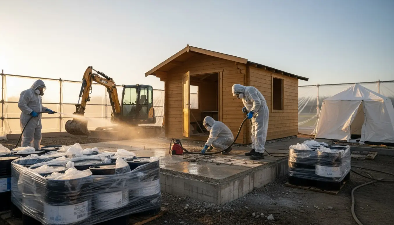 Delvis nedrevet sommerhus med arbejdere i beskyttelsesudstyr, indpakkede farlige materialer og synligt fundament.