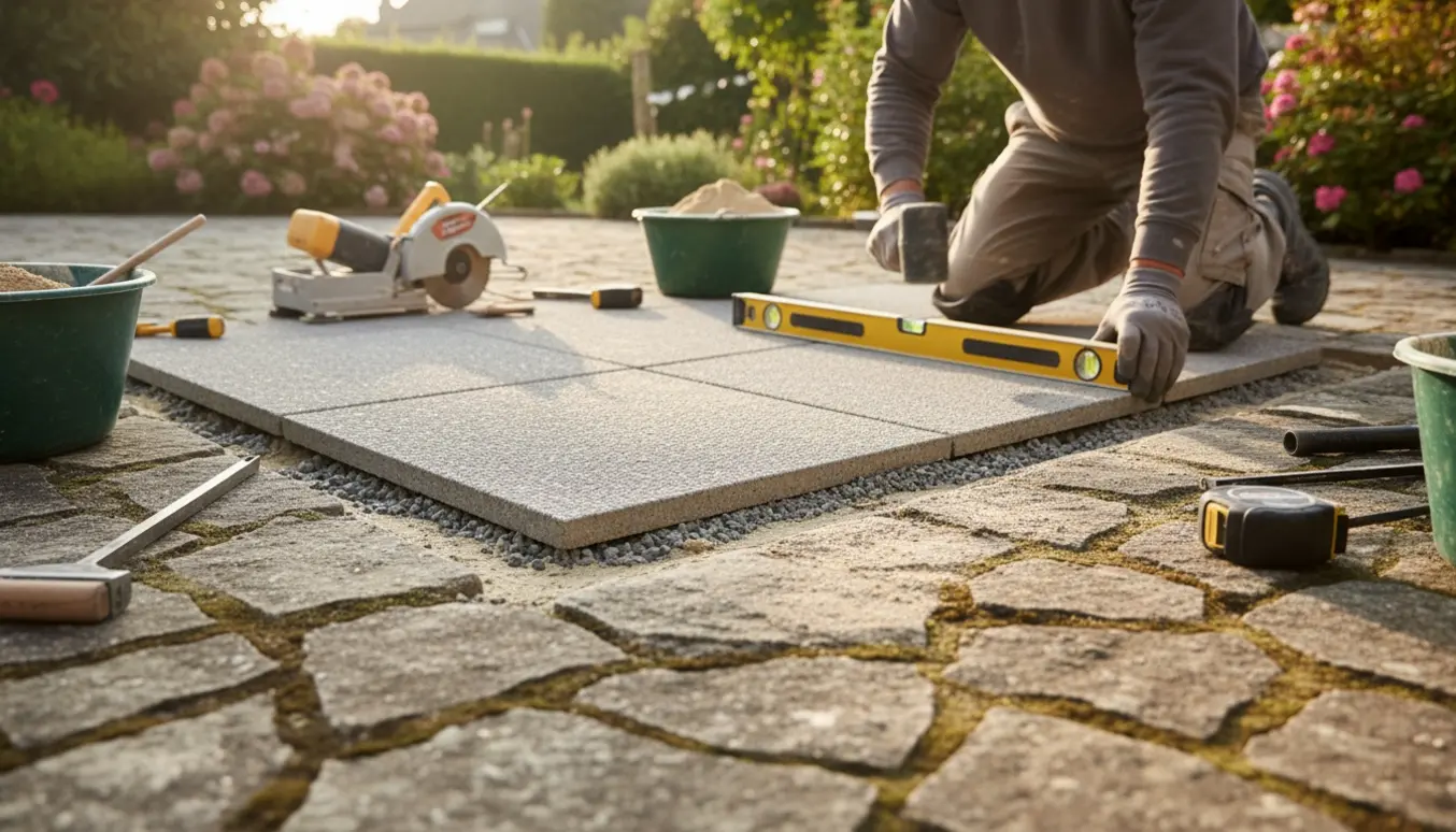 To nye 50x50 cm betonfliser lægges som udvidelse af en eksisterende terrasse med værktøj og materialer omkring.