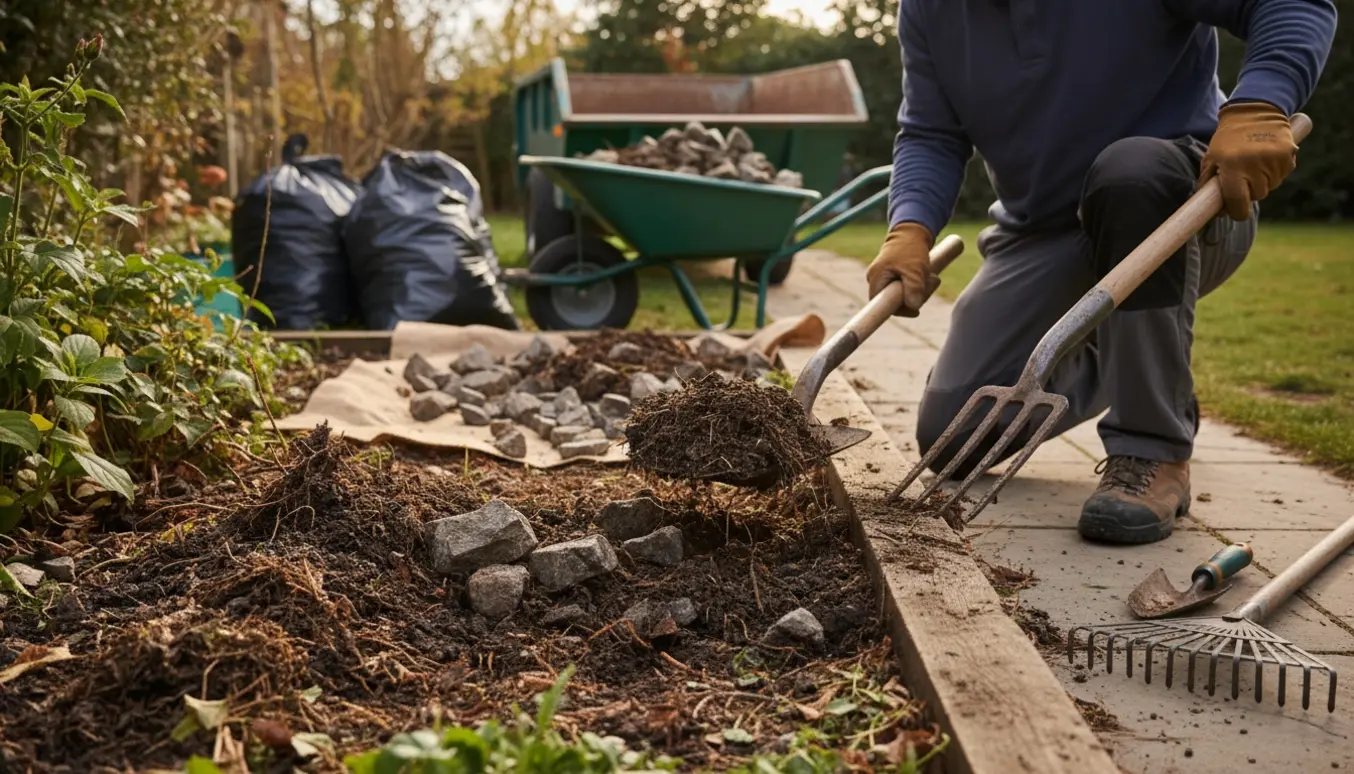 Hænder rydder et havebed med jord og sten i trillebør og sække klar til bortskaffelse.
