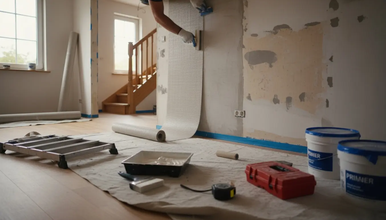 Indendørs foto af opsætning af glasfilt på vægge med ruller, spartelværktøj og afdækning klar til maling.