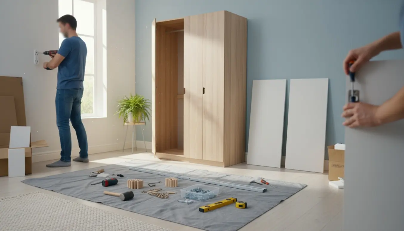 Demontering og montering af et firefløjet fladtpakket garderobeskab i et lyst værelse med værktøj spredt.