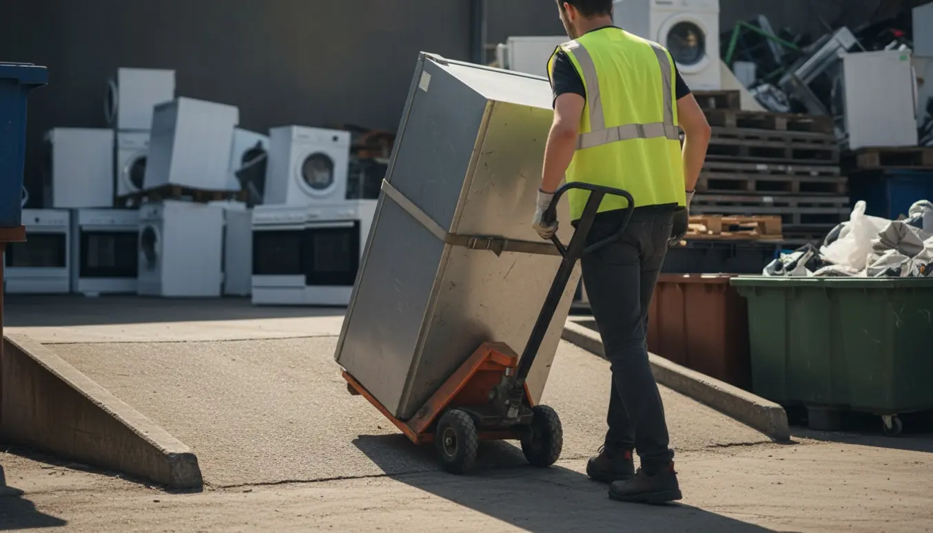 En person triller et køleskab på dolly op ad rampen ved afleveringsområdet på en genbrugsstation.