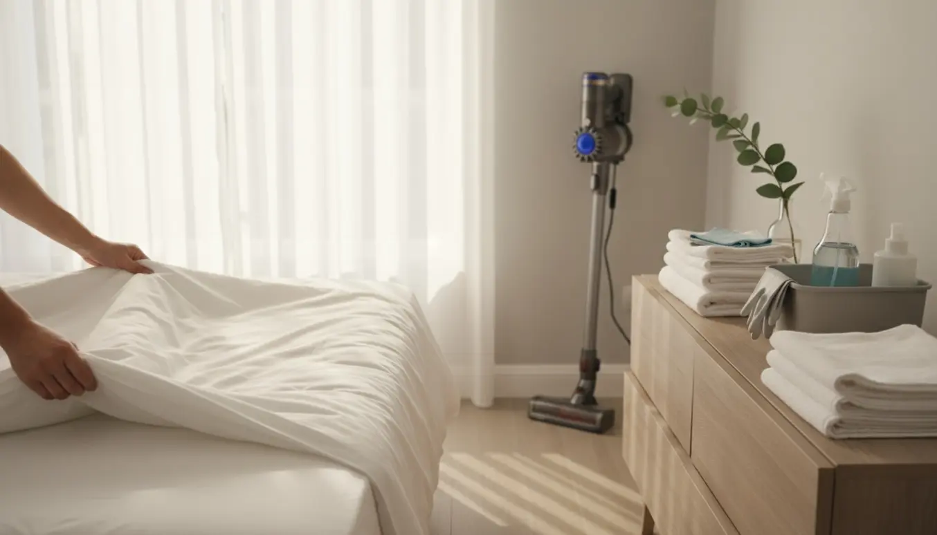 Hænder gør et Airbnb-værelse klar med rene lagner, foldede håndklæder og rengøringsudstyr i dagslys.