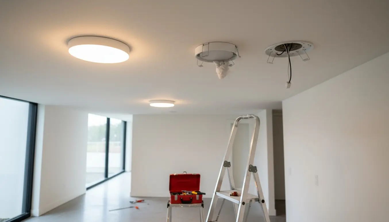 Hænder trykker en simpel rund loftslampe op i loftet mellem to andre monterede lamper.
