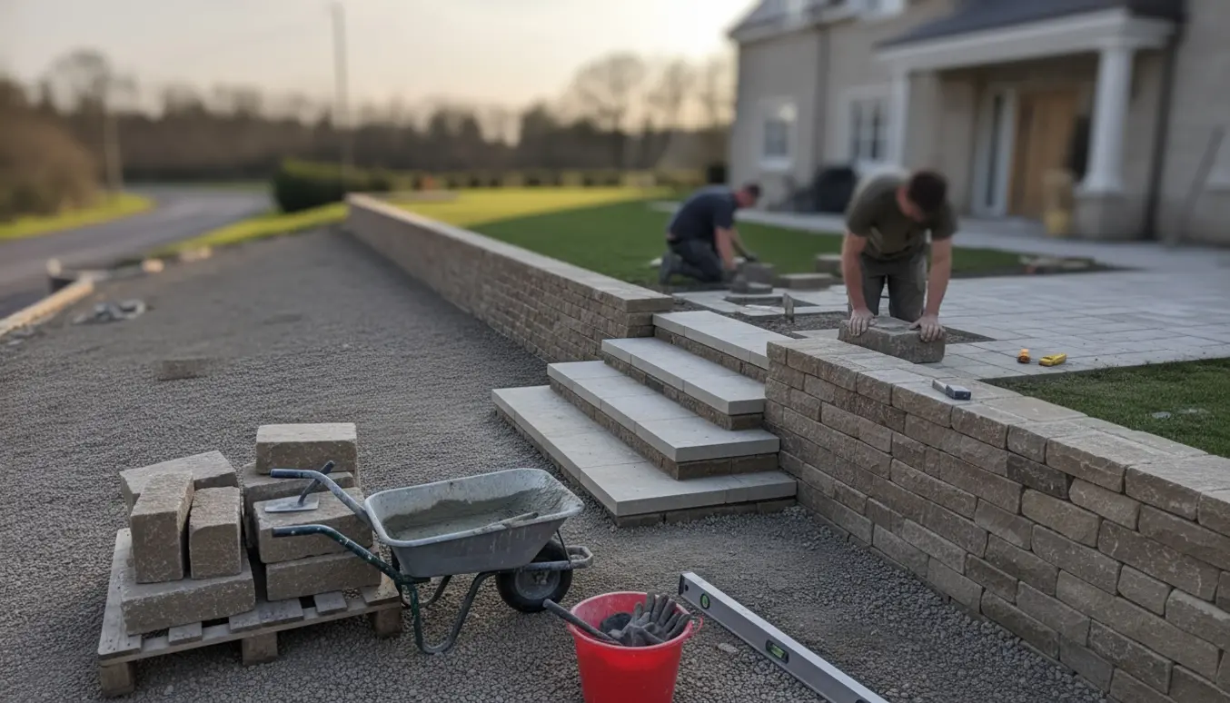 Lang støttemur i natursten med to brede trin i samme materiale og værktøj ved en skrånende have, mens belægningen lægges om.