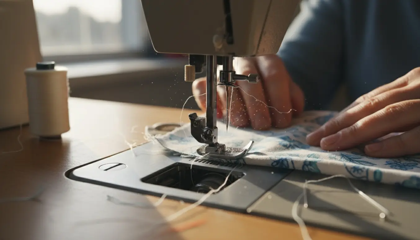 Nærbillede af en symaskinenål, der rammer noget og får tråden til at knække over stoffet.