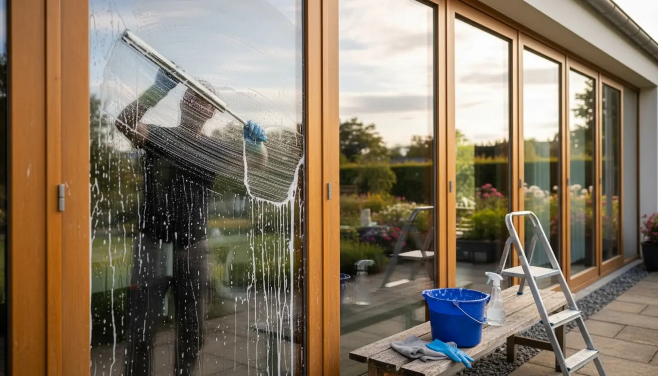 Vinduespudsning i stueetagen med en pudser, squeegee og glas der viser før-og-efter.