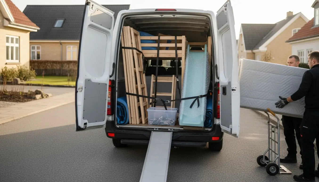 Lastning af en adskilt halvhøj børneseng med rutsjebane i en åben varevogn i et dansk villakvarter.