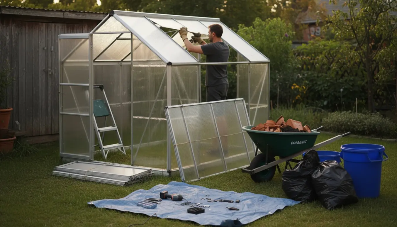 Nedtagning af et lille drivhus i baghaven med afmonterede plader, værktøj og affald klar til bortskaffelse.