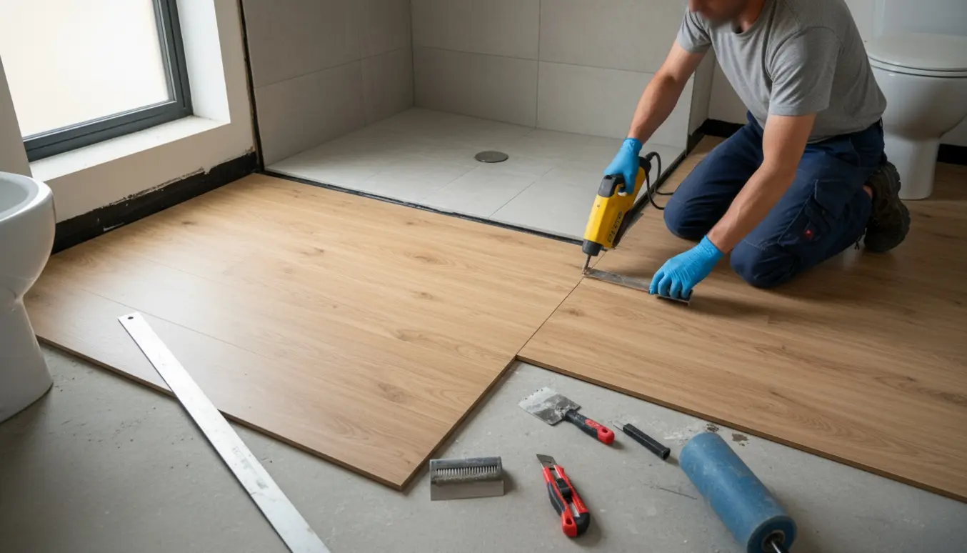 Installation af vandtæt vinylgulv i et vådrumsbadeværelse med hands-on værktøj og synligt gulvafløb.