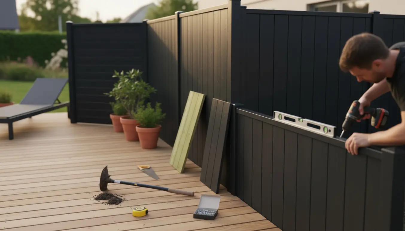 Terrasse med mørkt komposithegn og et lille læhegn ved hushjørnet, værktøj i forgrunden.