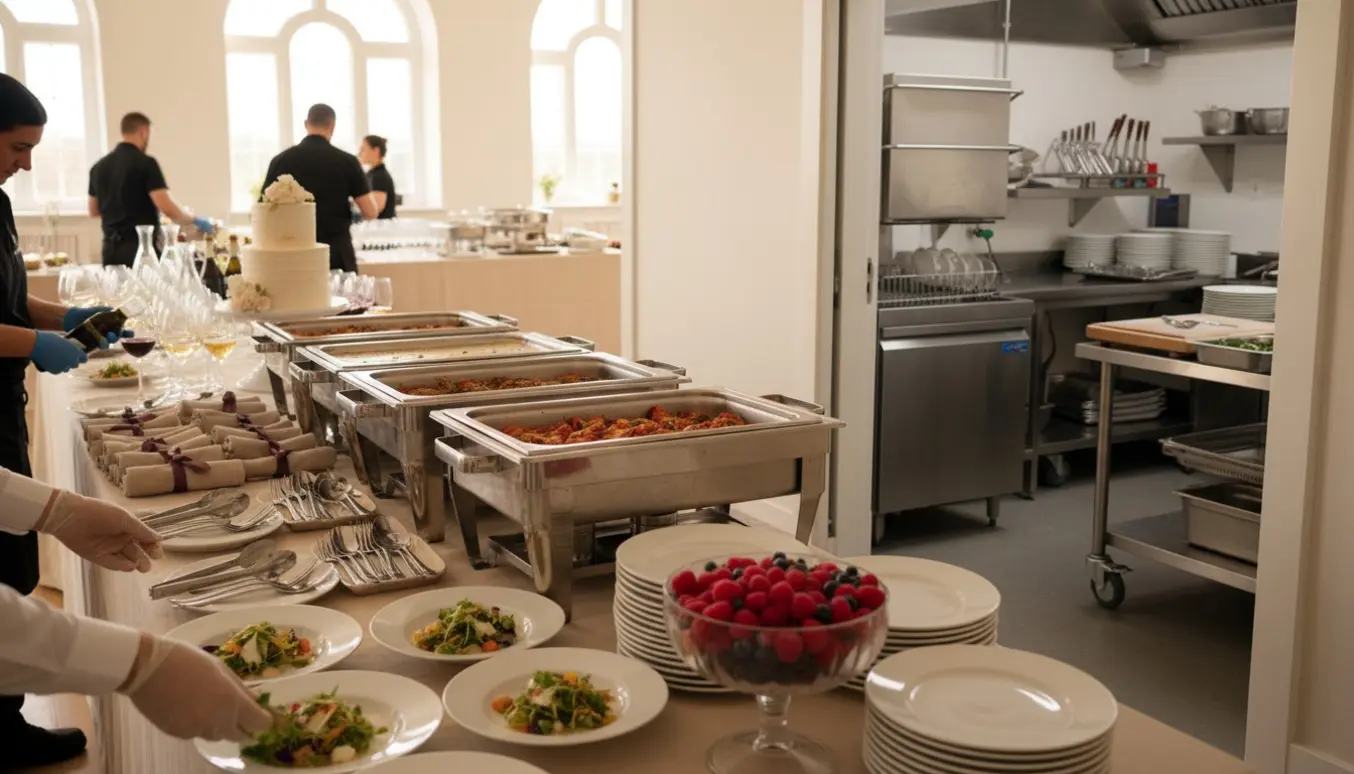 Cateringteam dækker bryllupsbuffet med forretter, kage og industrivaskeri i baggrunden.