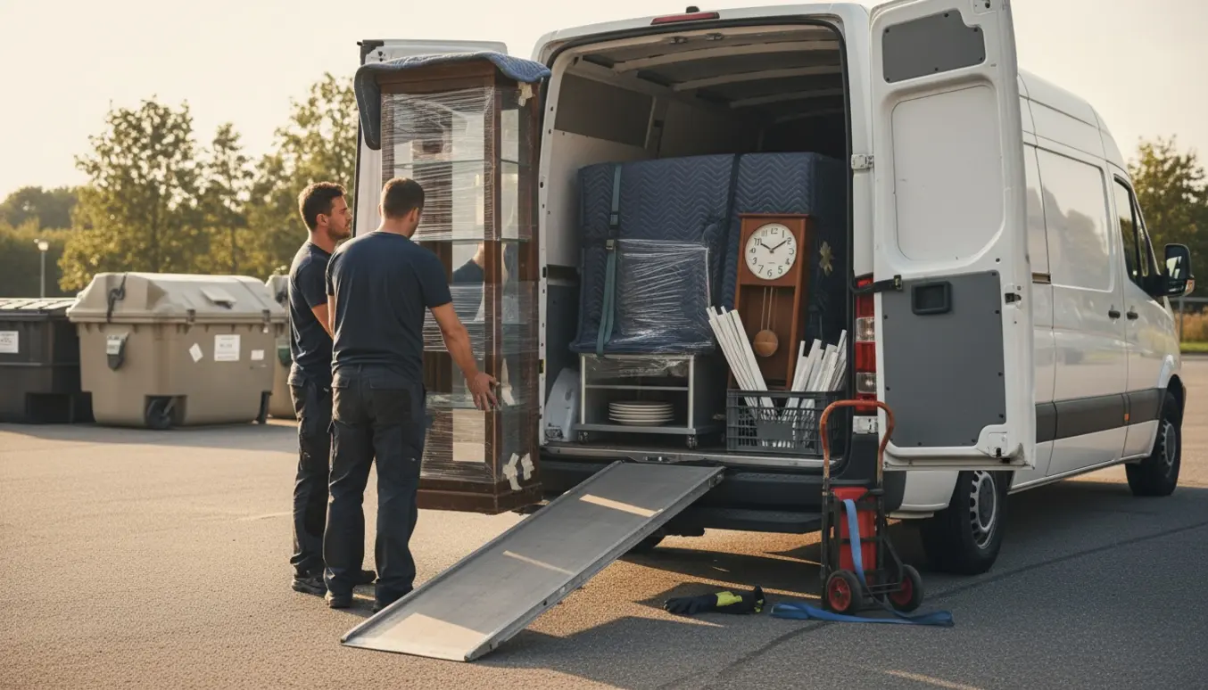 To personer læsser et vitrineskab, tv-bord og andre møbler ind i en varevogn ved en genbrugsplads.