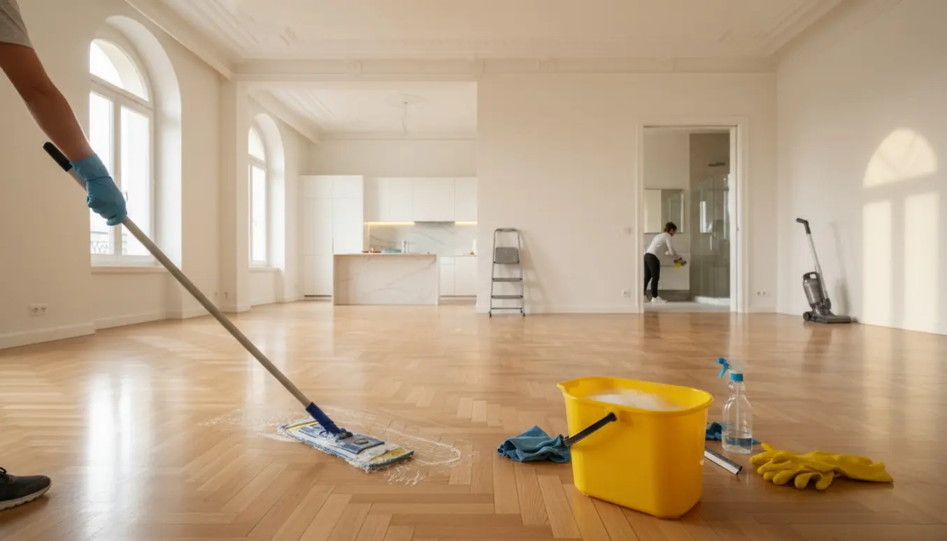 Herskabslejlighed med høje lofter og sæbebehandlede trægulve, en rengøringsperson moppe i hånden foran et såpevandet spand.
