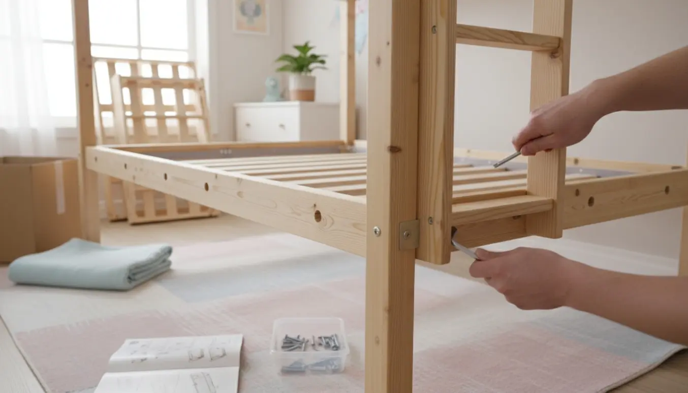 Hænder monterer en MYDAL køjeseng i fyrretræ i et lyst børneværelse med værktøj og dele omkring.