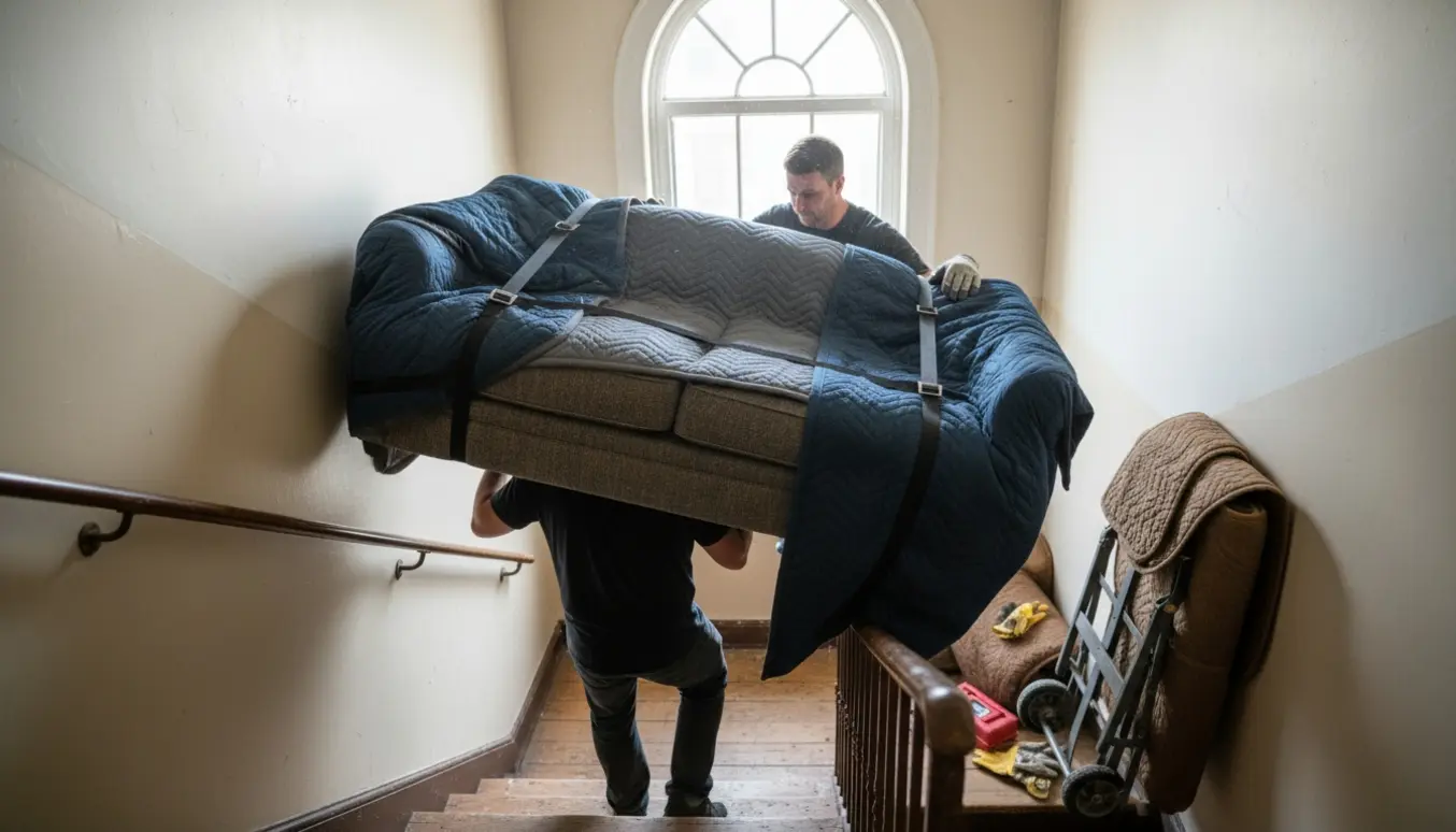 To personer bærer en opdelt sofa op ad en smal opgangstrappe, indpakket i flyttetæpper.