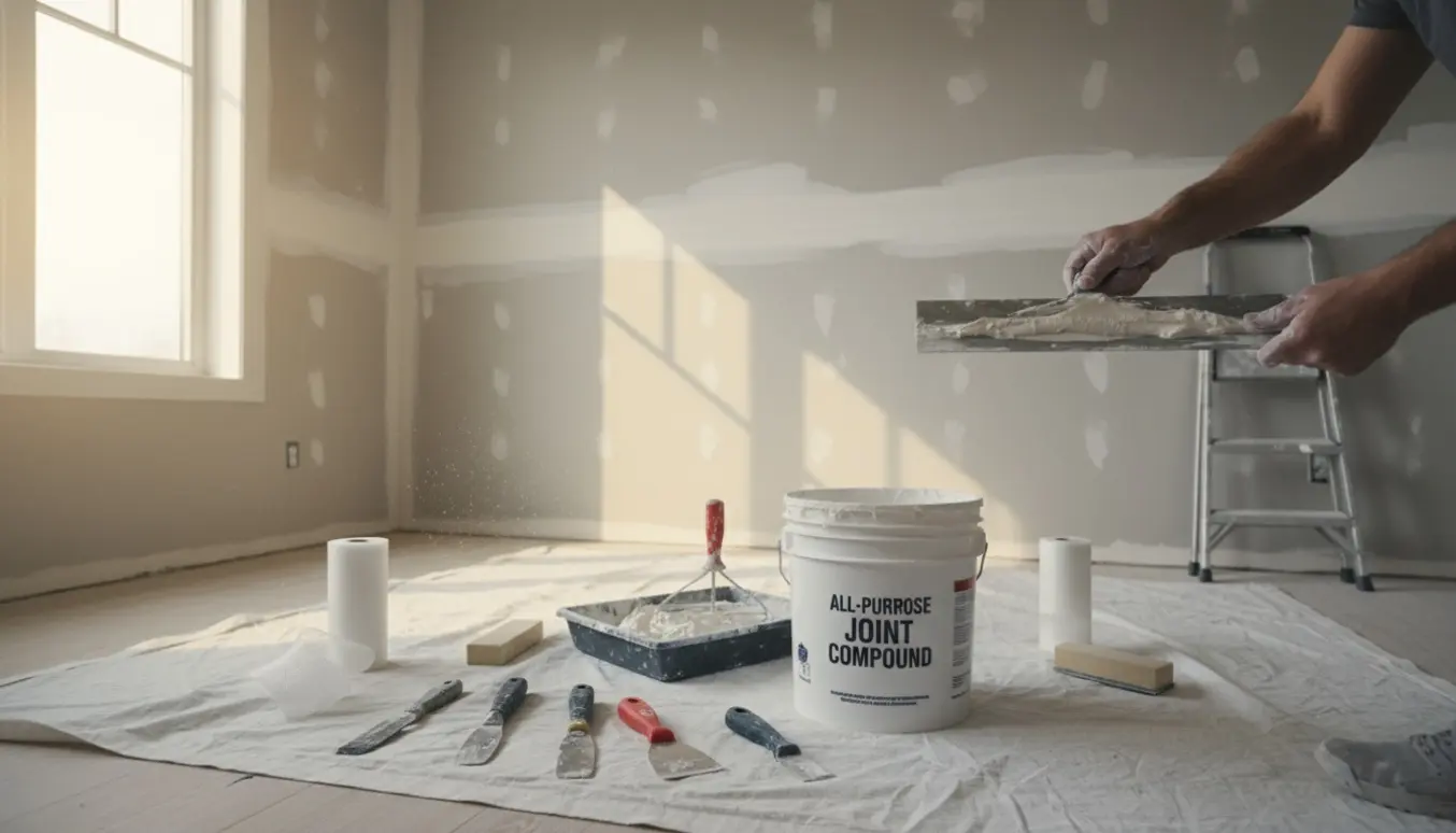 Hænder pudser og spartler væg og loft i et rum med værktøj, stige og naturligt lys.