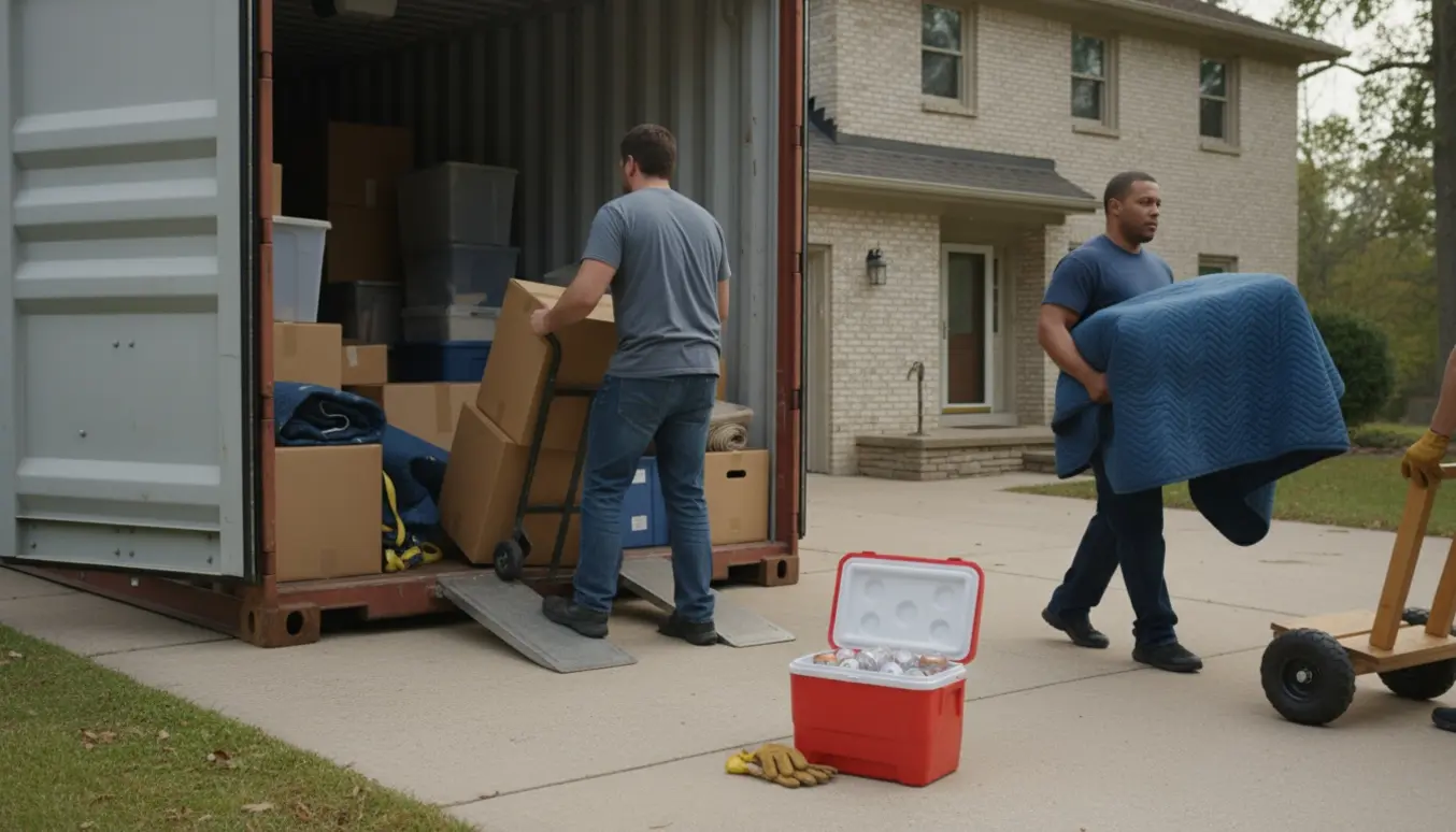 To-tre flyttefolk bærer kasser og møbler fra en stor åben shippingcontainer ved en indkørsel med en køleboks med kolde sodavand ved siden af.
