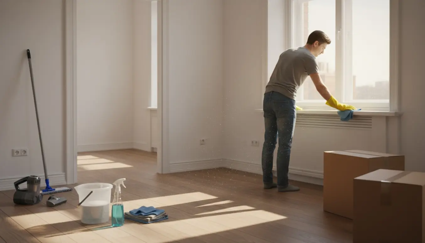 En person tørrer en vindueskarm i en lys toværelses lejlighed med rengøringsmidler og flyttekasser.