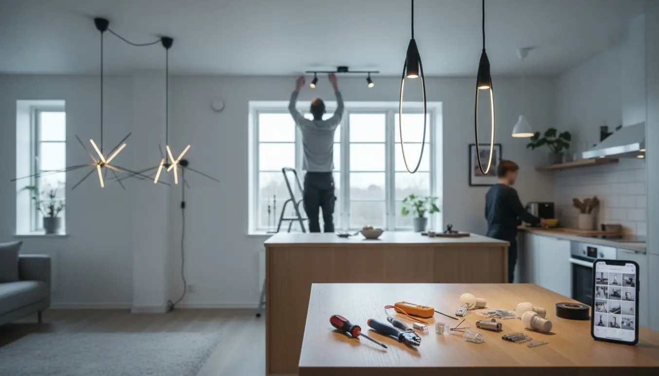 Håndværker på stige monterer lampeskinne over køkkenvindue og to pendler i en moderne lejlighed i Aalborg.