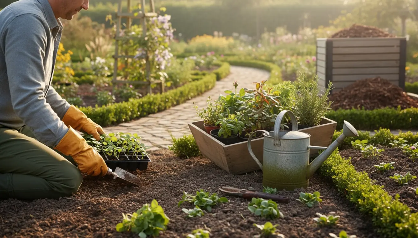 En have i morgensol, hvor en person uden synligt ansigt planter kimplanter i nybakket jord.