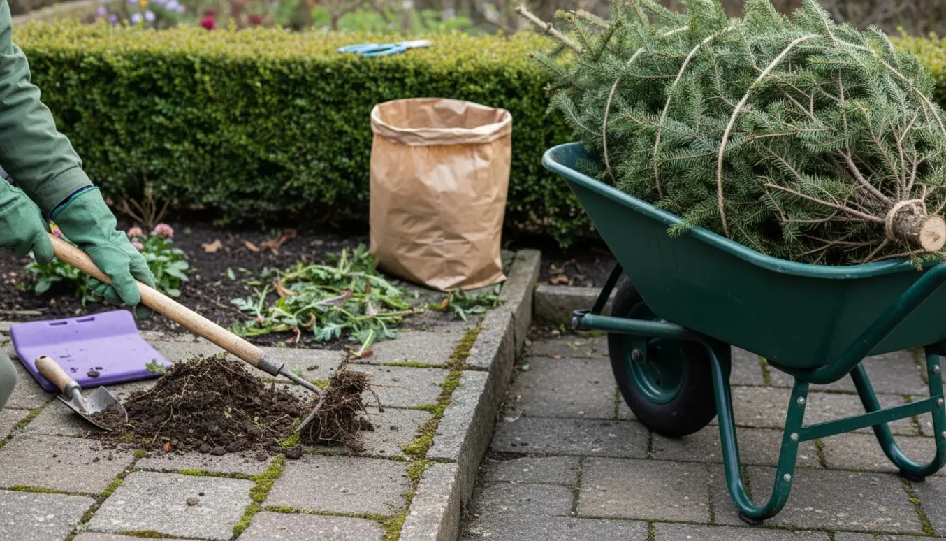 Hænder fjerner ukrudt mellem fliser med en trillebør med to bundne juletræer i baggrunden.