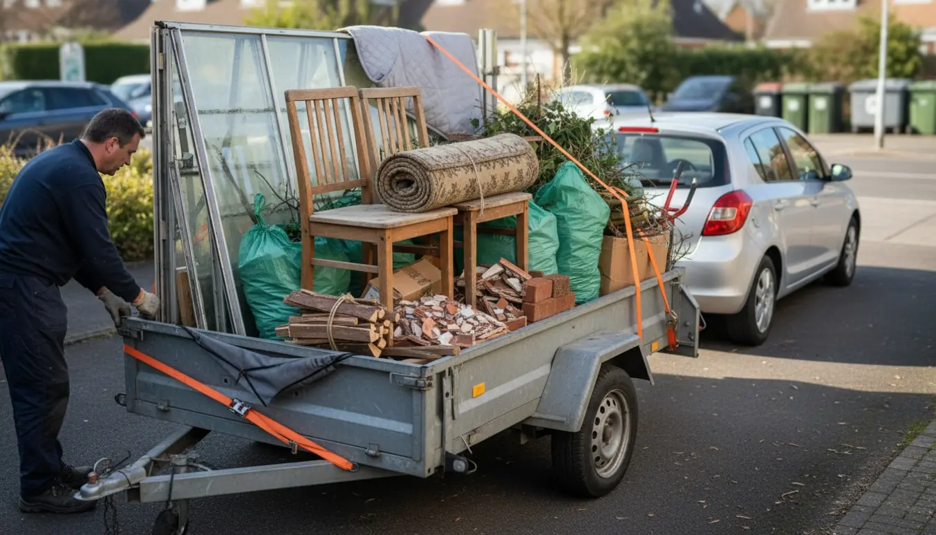 Trailer fyldt med haveaffald, møbler og byggematerialer klar til bortkørsel, mens en person spænder et sikkerhedsbånd.
