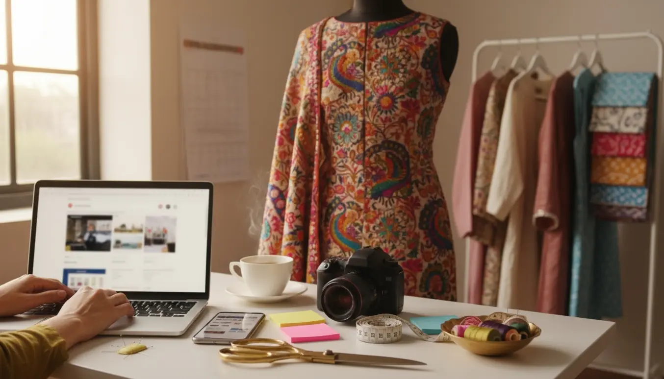 Hænder ved bærbar og smartphone omgivet af indiske tekstiler, tøjprøver og kamera til webshop- og SoMe-optimering.