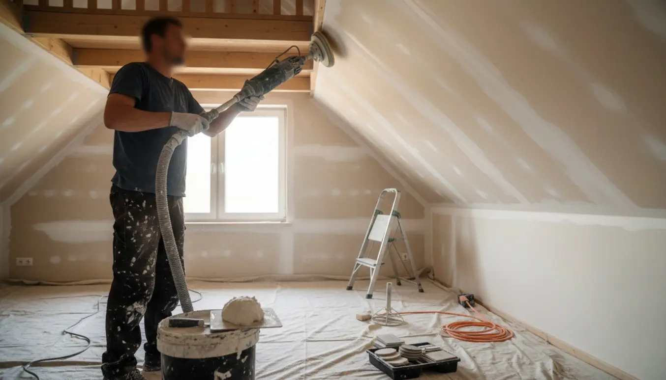 Håndværker pudser og spartler skråvægge i et lille værelse med hems ved hjælp af en pudsemaskine.