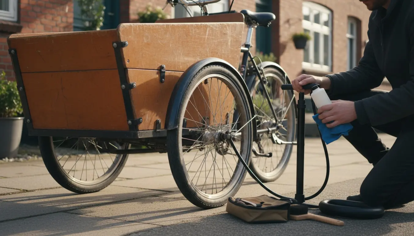 En ladcykel på fortovet, hvor hænder pumper et dæk og smører kæden ved et lille eftersyn.