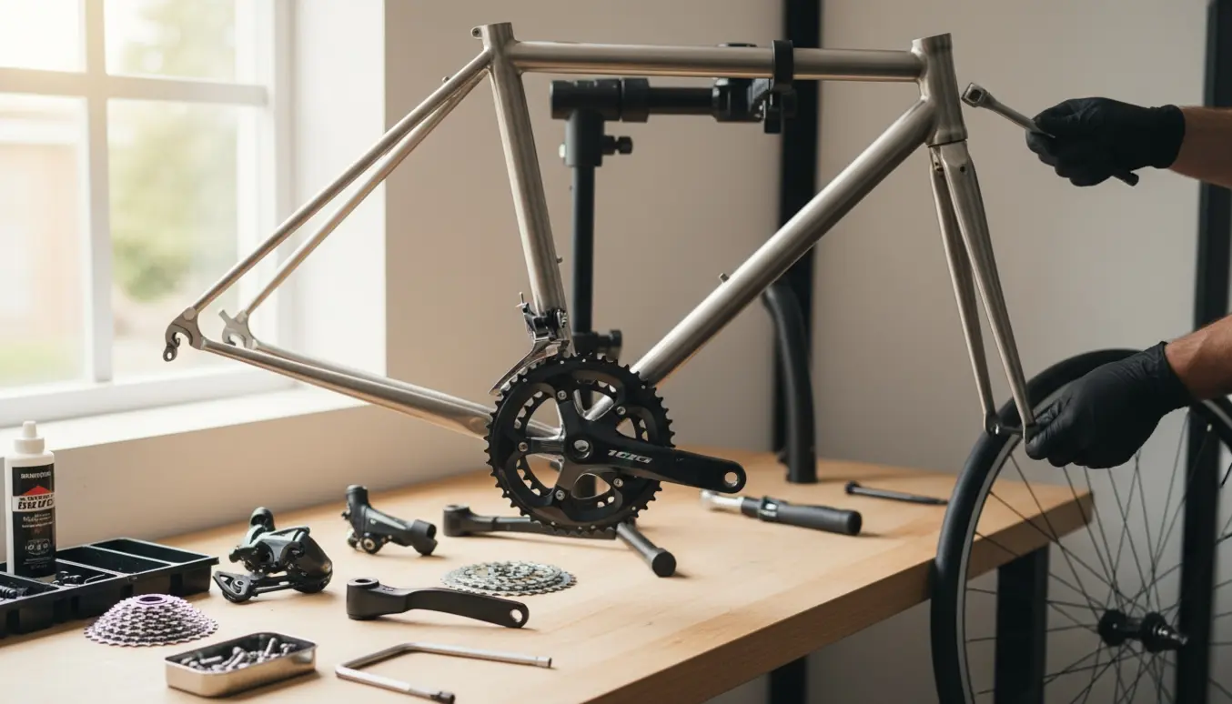 Et nyt stålstel monteret i et arbejdsstativ med Shimano 105-dele og værktøj omkring.