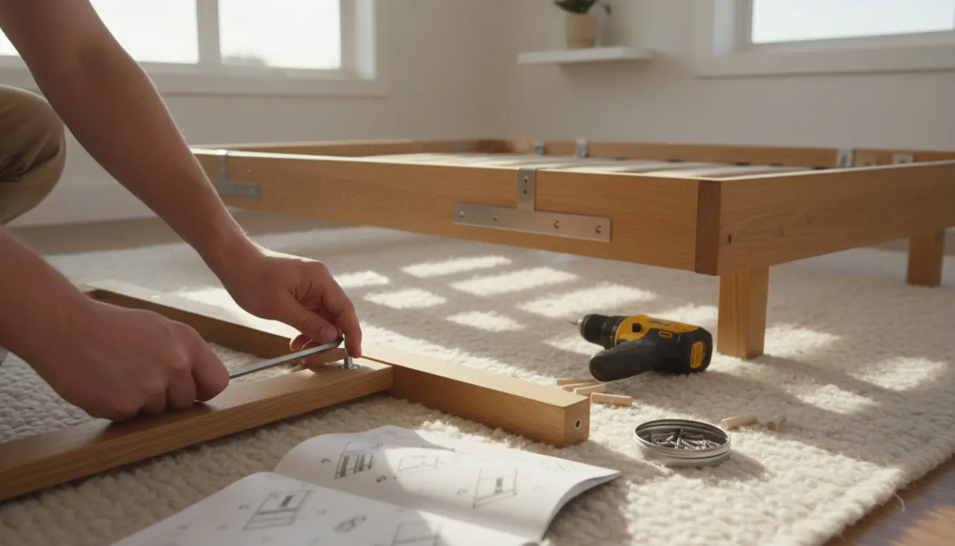 Hænder samler et skrivebord på gulvet foran en delvist samlet seng i et lyst soveværelse.