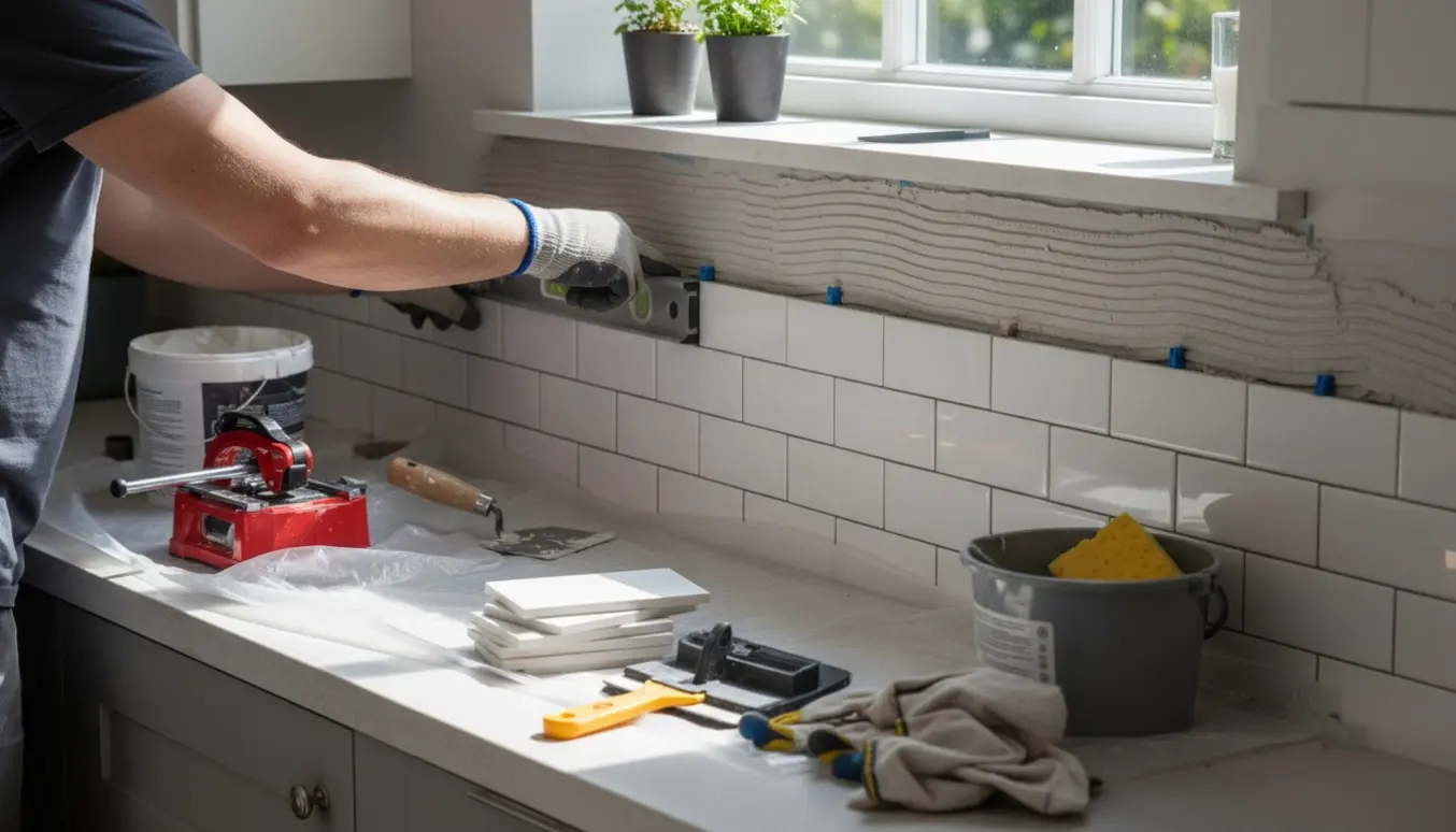 Hænder opsætter hvide metro-fliser som backsplash under køkkenskabe og vindueskarm.