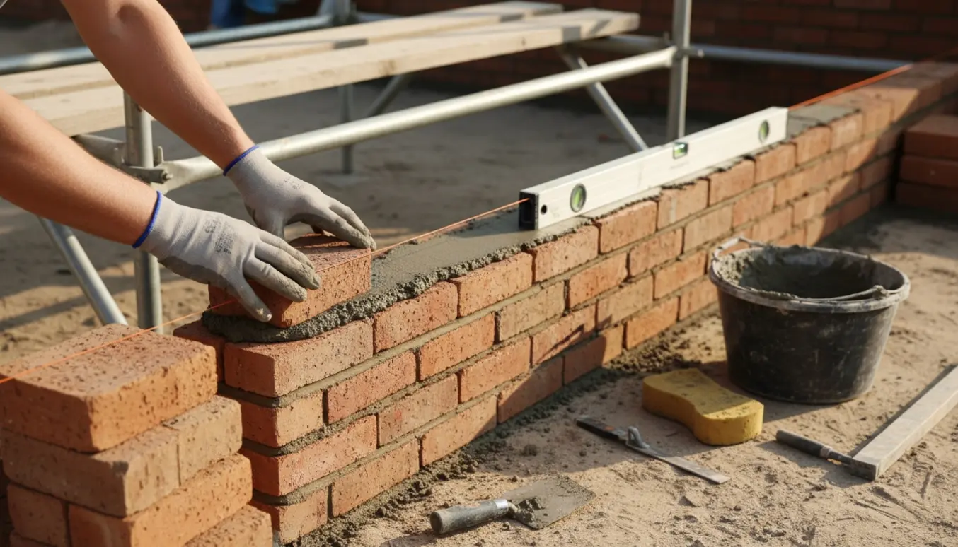 Delvist opmuret mur på cirka 3 m og 30 cm højde med mursten, mørtel og stillads klar.