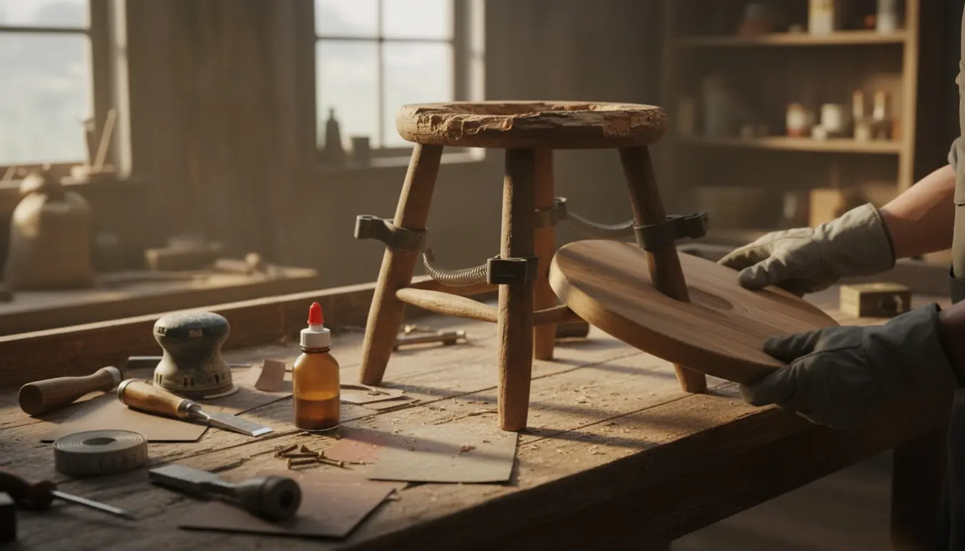 En gammel malkestol på et værkstedsbord, slebet og med revnet sæde ved siden af værktøj klar til reparation.