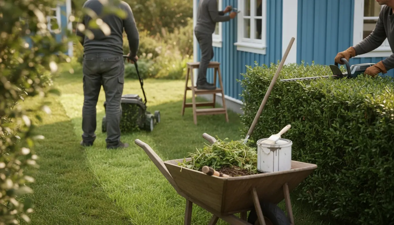Kolonihave med græsslåning, hækklipning, ukrudtsfjernelse og maling af et lille havehus.